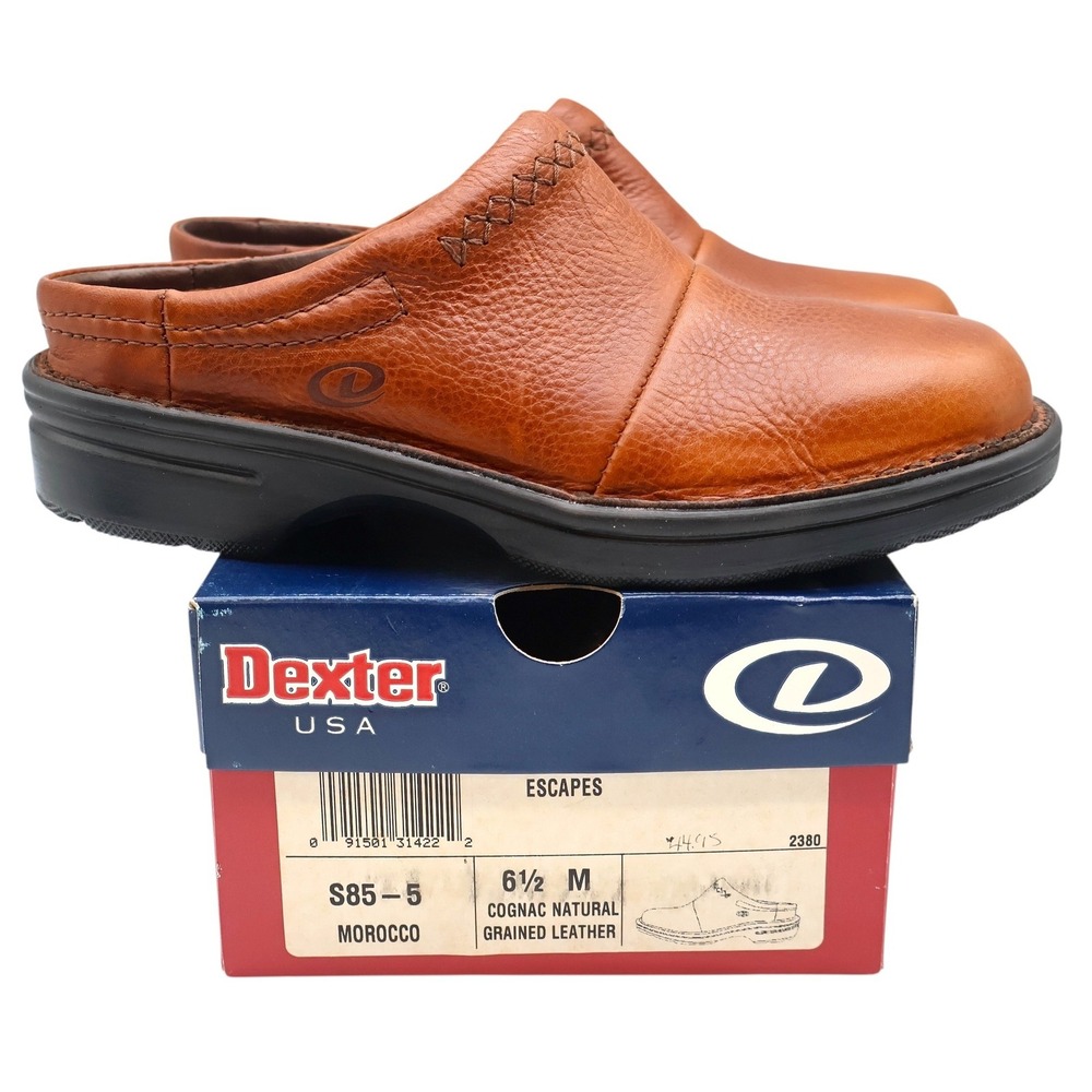 Dexter Escapes Mules Womens 6.5 Vintage Cognac Grained Leather Slip On Clogs